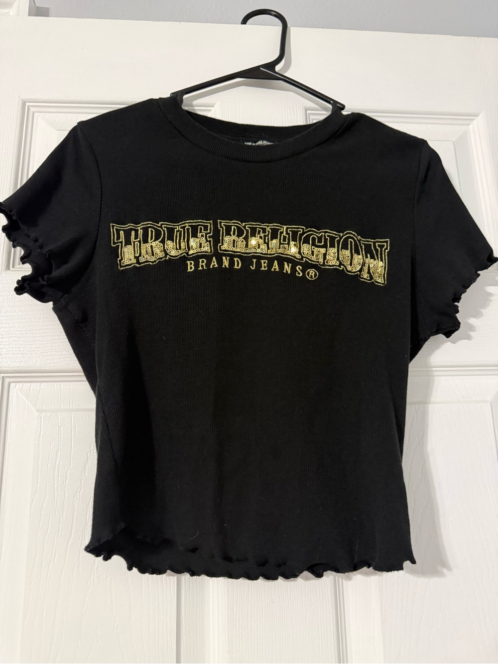 True Religion Black Ribbed Crop Tee with Gold Logo